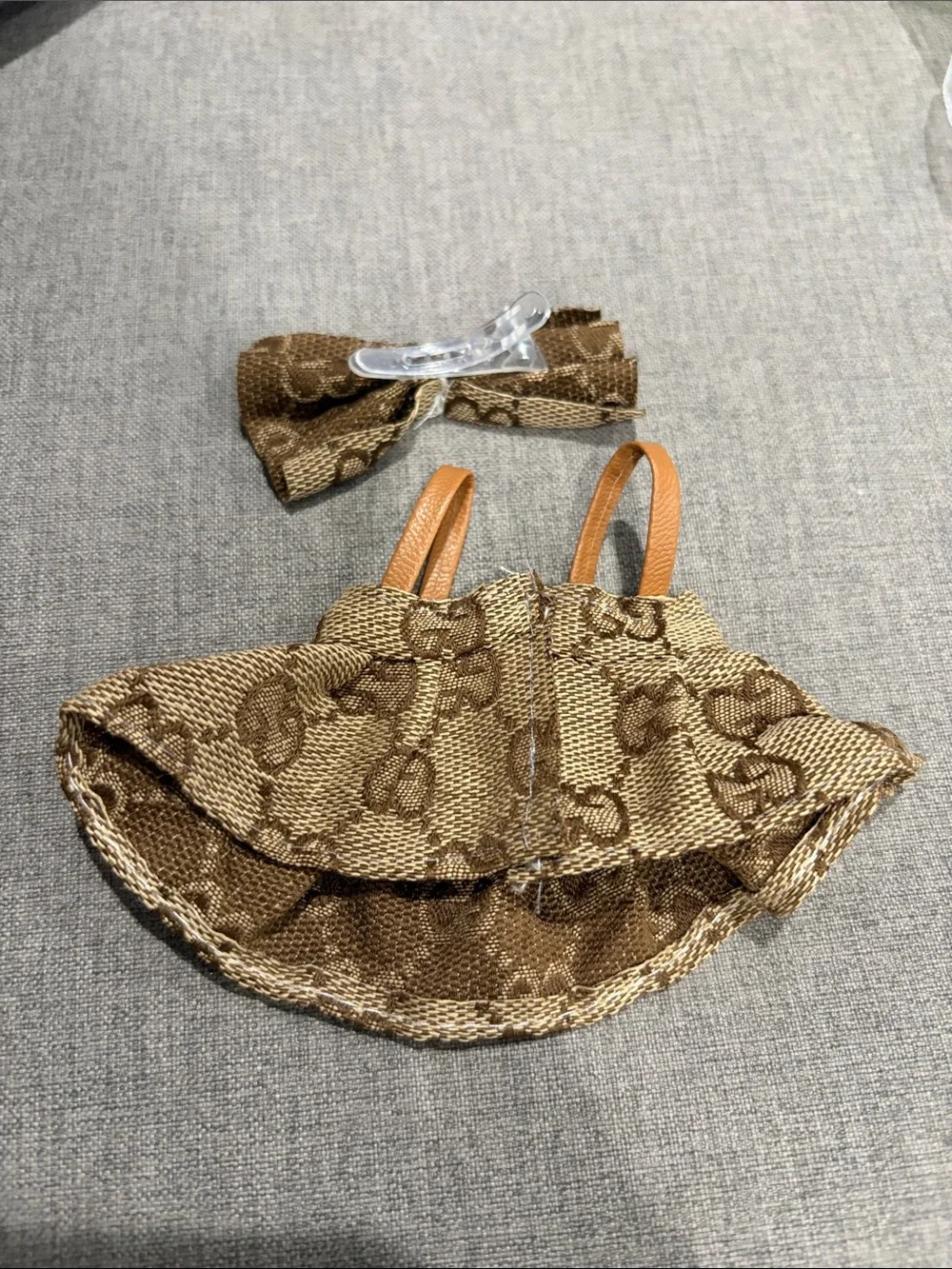 Labubu or XS Doll Designer-Inspired Tan Bow and Dress Set